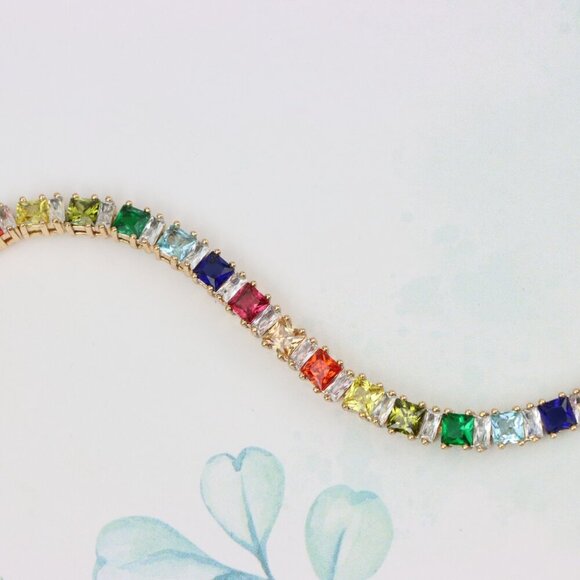 "Rainbow CZ Rose Gold Bracelet with Square Cut Stones, Vibrant Style, XPBL0742 - Picture 5 of 12